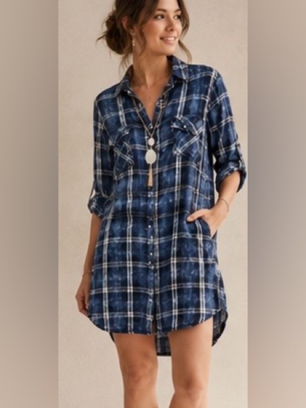Anthropologie Cloth & Stone Mimeograph Plaid Shirt Dress Blue Small